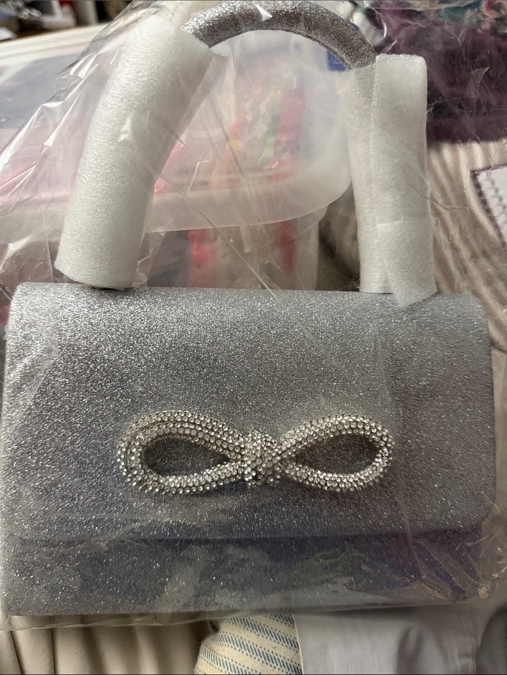 Silver Glitter Evening Handbag with Crystal Bow Accent